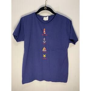 Lighthouse Anchor Sailboat Starfish Graphic Womens Navy Blue T-Shirt 100% Cotton
